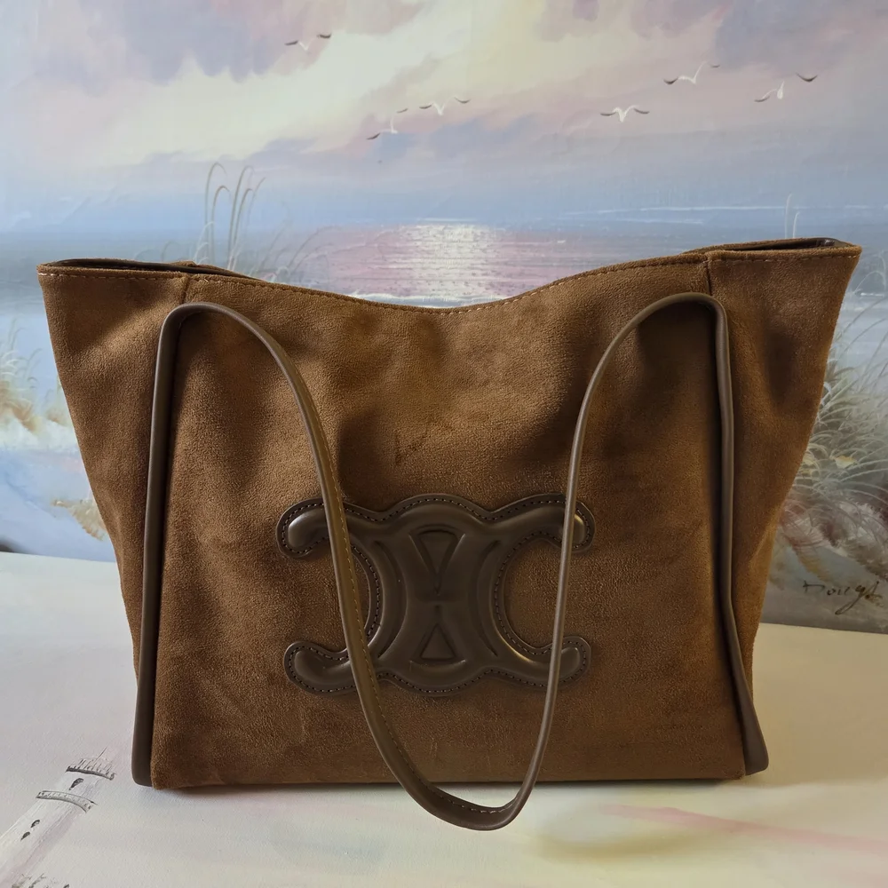 Brown Suede Tote Bag with Logo Accent - Picture 4 of 10